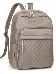 Women Nylon Solid Color Quilted Large Capacity Backpack, Versatile Casual School Student Travel Commuter Bag - Khaki - View 9