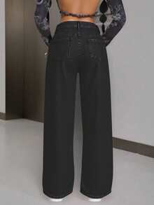 1 pieza pantalon de mezclilla,baggy,rigido para mujer,comodidad,casual. - Gris Oscuro - Ver 3