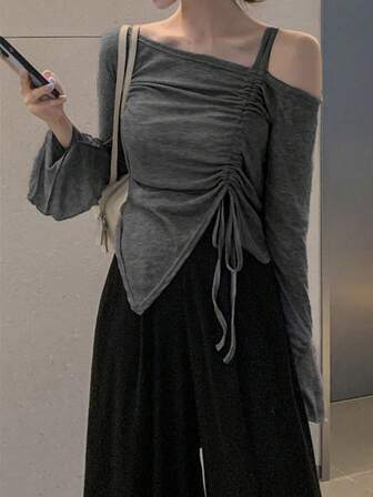 女士纯色休闲抽绳斜领喇叭袖长袖 T 恤