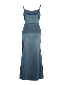 Vellofy Women's Solid Color Satin Midi Dress, Spaghetti Strap Cowl Neck Ruched High Slit Bodycon Dress, Suitable For Wedding Guest And Party - Gray Blue - View 5