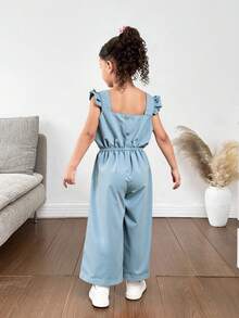 Jumpsuit o mono con olanes y lazo decorativo para niña, ideal para vacaciones, fiestas o salidas con estilo fresco y coquette durante primavera y verano. - Neblina azul - Ver 2