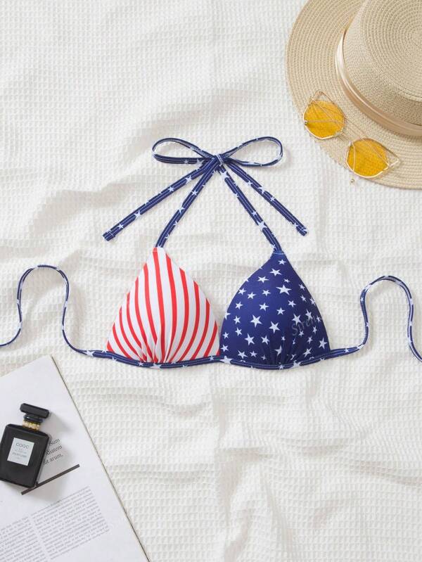 1pc American Flag Printed Backless Bandeau Bikini Top, Swimwear For Vacation, Beach, Birthday Party, Independence Day