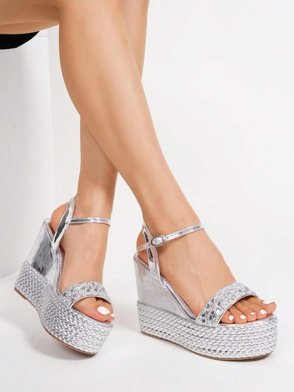 Women's Wedge Platform Sandals, Elegant & Comfortable Fashion Silver Glitter Strap Thick-Sole Espadrille Slingback Open Toe High Heels, 12CM