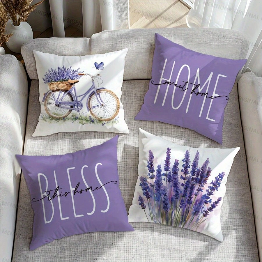 4 paquetes de fundas de cojín decorativas con diseño floral moderno, de 17.7x17.7 pulgadas, de poliéster lavable a máquina con cierre de cremallera, fundas de cojín tejidas para decoración del hogar, sofá y dormitorio - Diseño de floración de lavanda de primavera