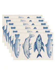 1pc Ocean Theme Printed Table Runner, 4/6/8pcs Ocean Printed Placemats, Suitable For Holidays, Parties, Birthdays, Dinners, Kitchen & Dining Room Decor, Year-Round Home Decoration, Table Linens - Blue and White - View 8