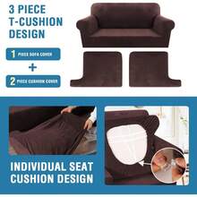 Sofa Cover 3 Piece T Cushion Loveseat Slipcovers Thick Velvet Couch Cover Stretch T Cushion Sofa Covers For 2 Cushion Couch With 2 Individual T Cushion Covers Washable, Stone Blue - 棕色 - 查看 11