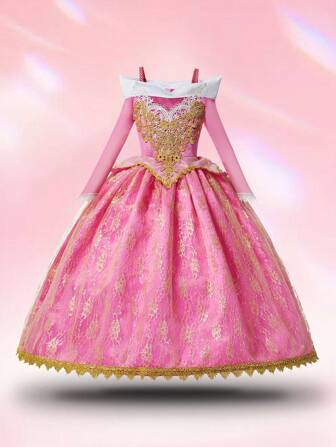 Luxury Lace Applique Off Shoulder Princess Party Dress For Young Girls, Suitable For Outings, Friends Gathering, Birthday Party, Princess Party, Back To School, Stage Performance And Other Major Events