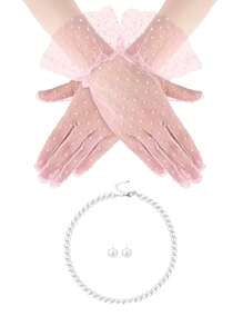 Conjunto de 3 piezas D EXCEED Elegante traje de fiesta de té estilo años 50 vintage para mujer con guantes de encaje y accesorios de perlas falsas | Atuendo para boda, fiesta de disfraces | Disfraz de Halloween, regalo para baile de graduación para mujeres