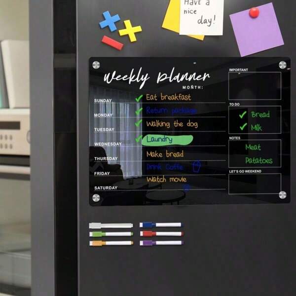 Planificador semanal magnético de acrílico para refrigerador, pizarra transparente de borrado en seco/húmedo, planificador semanal reutilizable para nevera con lista de tareas/comestibles/compras, incluye 6 marcadores