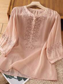 JIANHU Beige Linen Embroidered Blouse - Summer Boho Floral Top | 3/4 Sleeve Shirt With Hand-Stitched Collar & Cuff Details For 4th Of July/Graduation/Beach | Breathable Relaxed Fit Casual & Dressy Women's Top Pink - Pink - View 3