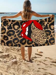 1 件豹纹唇印超细纤维沙滩巾 - 速干、轻盈柔软，非常适合游泳、健身、瑜伽 - 理想的旅行伴侣，健身毛巾 | 俏皮设计 | 速干面料，沙滩巾海滩必备品 - 彩色 - 查看 8