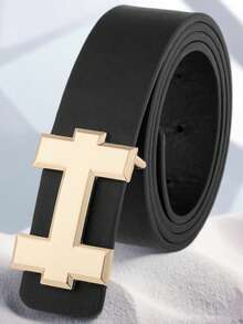 男女通用时尚简约字母合金扣腰带，纯色休闲商务正装牛仔裤腰带，理想的节日礼物 - 金色字母男女同款腰帶 - 查看 2