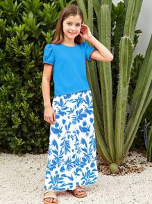 2 Stück/Set Mädchen Sommeroutfit, Pink Puffärmel Top + Tropisches Blume Muster Hose, leichte bequeme Lässig Strand Urlaubsgarnitur