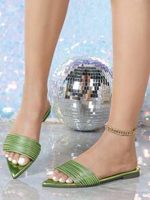 New Versatile Green Strap Patchwork Pointed Toe Flat Sandals Shoes - Green - View 10