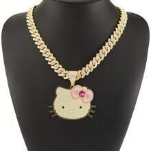 Sanrio 1 pieza Colgante de collar de joyería con Hello Kitty de Sanrio de dibujos animados, lleno de diamantes brillantes, tipo hip hop y de aspecto tridimensional. Regalo de collar con cadena cubana estilo fashionista de gato lindo.