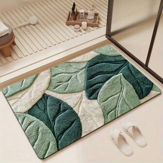 1pc Spring Green Leaf Pattern Carpet, Water-Absorbing Anti-Slip Silica Gel Material, Washable, Suitable For Entrance, Living Room, Bedroom, Bathroom, Laundry Room, Outdoor, Ideal Home Decor And Holiday Gift Room Decor Bathroom Accessories Back To School