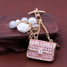 rongji jewelry Llavero de bolso con flor de cristal de Rhinestone con colgante de bolso con cristal brillante y dije de perla falsa para mujeres