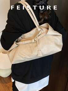 FEISTURE 1 件，大号肩带装饰单肩包，宽敞的 PU 手提包，磁扣，适合日常外出、约会、通勤 - 卡其色 - 查看 9