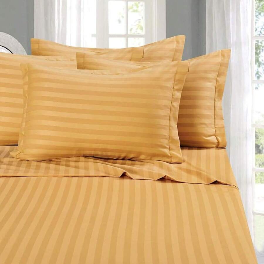 Elegant Comfort, Softest, Coziest 6-Piece Sheet Sets! 1500 Hotel Quality Luxurious Wrinkle Resistant Damask Stripe Bed Sheet Set, Black - Bedding 2025 - 駱駝/金色 - 查看 1