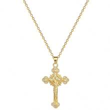 1pc 14K Gold Plated Stainless Steel Jesus Christ Cross Pendant Necklace, European/Arabian Style Religious Church Cross Necklace For Women, For Daily Wear, Gift Or Worship