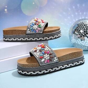 Platform Thick Soled Women's Rhinestone Decor Strap Slide Sandals, Colorful European And American Summer 2025 New Arrival Bohemian Design