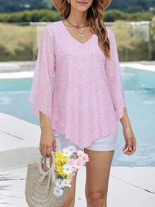 CheersLife Women Dressy Blouse V Neck Double Layers Elastic Mesh Casual Flowy Work Shirts Ruffle 3/4 Flared Sleeve Tunic Tops