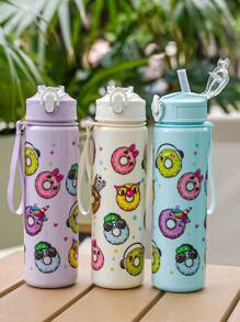 1pc 700ml/23oz Cartoon Donut Pattern Plastic Water Bottle, Children Plastic Water Cup With Lid, Lockable Design, Lanyard, Portable For School, Outdoor Sports, Camping, Picnic