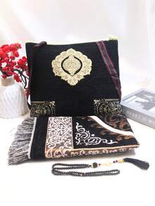 3 Piece Middle Eastern Style Carpet Set, Minimalist Blanket With Backpack, Beaded Portable Carpet
