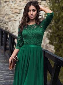 Vestido formal de fiesta elegante con pliegues en el bajo, de gasa y encaje floral, tela cómoda,