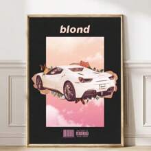 1pc White Car With "Blond"On Pink - Cloud Background Prints Canvas Painting "Artistic Creative Poster Of Pink Clouds And White Car" Decor For Bedroom ,Living Room ,Office Room ,Wall Decor