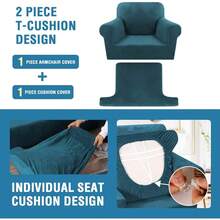 Sofa Cover 3 Piece T Cushion Loveseat Slipcovers Thick Velvet Couch Cover Stretch T Cushion Sofa Covers For 2 Cushion Couch With 2 Individual T Cushion Covers Washable, Stone Blue - Deep Teal - 查看 4