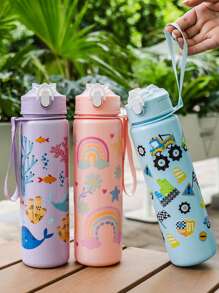 1pc, 750ml/23OZ Plastic Water Bottle With Straw & Rope, Portable, Multiple Designs, Suitable For Outdoor Sports, Cycling, Travel, Camping, Holiday Gifts, Etc.