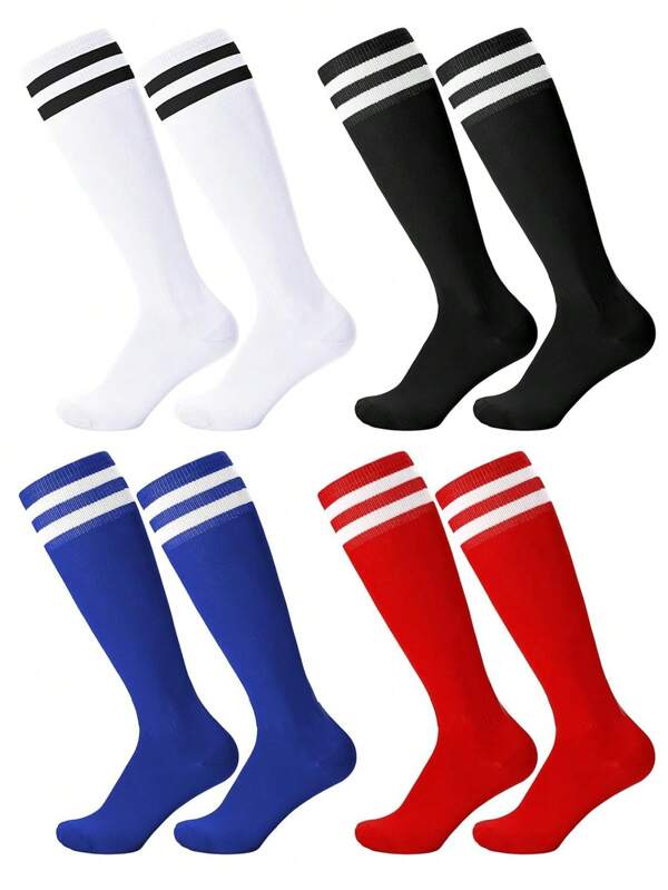 1 Paar feuchtigkeitsableitende, atmungsaktive Fußball/Fußball Socken, Streifenmuster einfarbige lange Sportsocken für Jugendliche, Altersgruppe 9-16