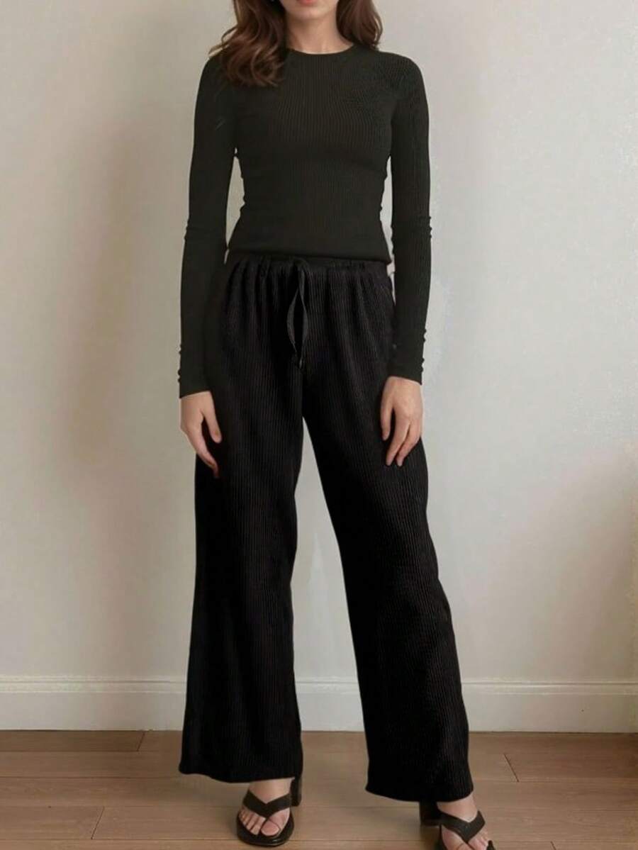 Women's Ribbed Set Long Sleeve Round Neck Blouse + Wide Leg Pants - Black - View 1