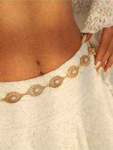 1pc Fashionable Versatile High-End Niche Pearl Waist Chain, Retro Hollow Design Belt, Waist Chain Suitable For All Occasions, Beach Holiday, Party, Daily Wear, Perfect Festival Gift - 彩色 - 查看 2