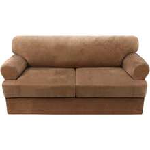 Sofa Cover 3 Piece T Cushion Loveseat Slipcovers Thick Velvet Couch Cover Stretch T Cushion Sofa Covers For 2 Cushion Couch With 2 Individual T Cushion Covers Washable, Stone Blue - 駝色 - 查看 9