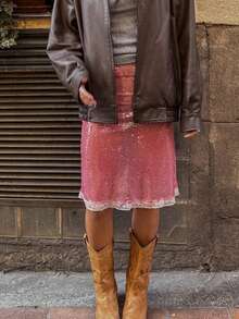 Women's Summer Skirts Sequins Lace Trim Elastic Waist See Through Short Pencil Skirts - 粉色 - 查看 4