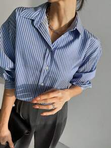 Blusas de mujer Camisa corta de rayas con abertura lateral y un solo pecho - Azul - Ver 3