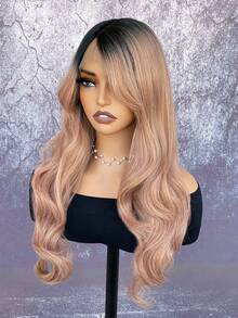 玫瑰金长卷发假发 | T型蕾丝合成假发 | 24英寸大波浪渐变玫瑰金假发，适合日常佩戴和节日装扮 - 漸層 - 查看 7