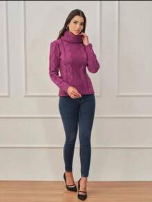 Women's Knitted Blouse High Neck With Front Brace Winter Elegant--- - 中紫紅色 - 查看 3