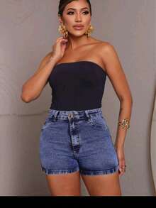 Bermuda Jeans Mid-Thigh Women's High Waist Elegant Long Jeans - Rửa trung bình - Xem 3