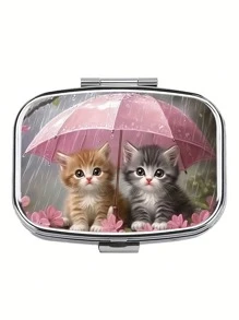 1 pieza Caja de metal para pastillas con 2 compartimentos y diseño de gatito bajo un paraguas, caja de pastillas portátil y mini para viaje o uso diario