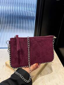 1pc Women's Red Chain Shoulder Bag, New Fashion Charm Beaded Crossbody Clutch Purse , New Year - Burgundy - View 7