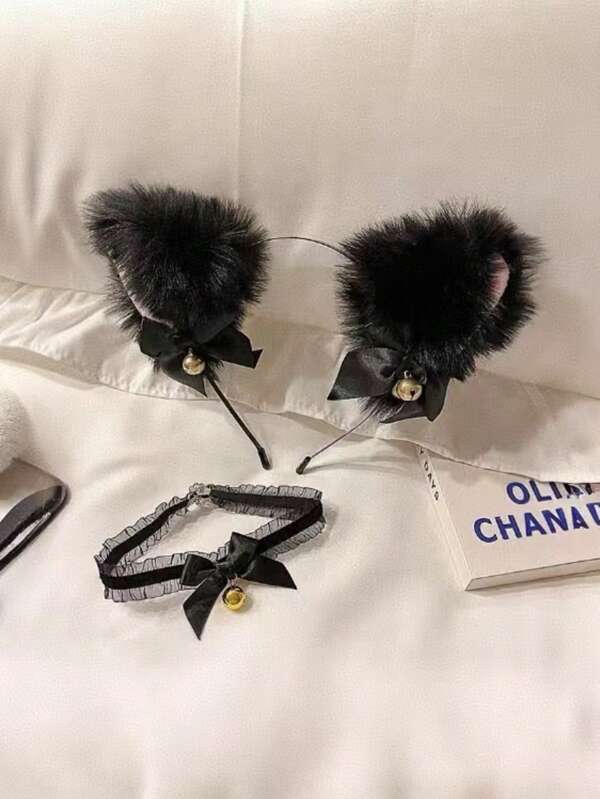 2 pièces/1 set Pinces à cheveux mignonnes en forme d'oreilles de chat, serre-tête avec nœud papillon et clochette, accessoires pour cheveux