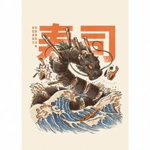 1 PIEZA Pintura en lienzo con diseño de Kaijus japoneses, comida, sushi, ramen, Burgerzilla para decoración de cocina, sala, dormitorio y comedor. Póster vintage divertido, arte de pared moderno con opción de marco.