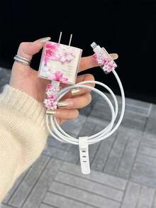 Personalized Floral Print Protective Case Compatible With Apple Data Cable, Charger Head, 13/14/15 Pro Max, Anti-Cat Bite - Multicolor - View 1