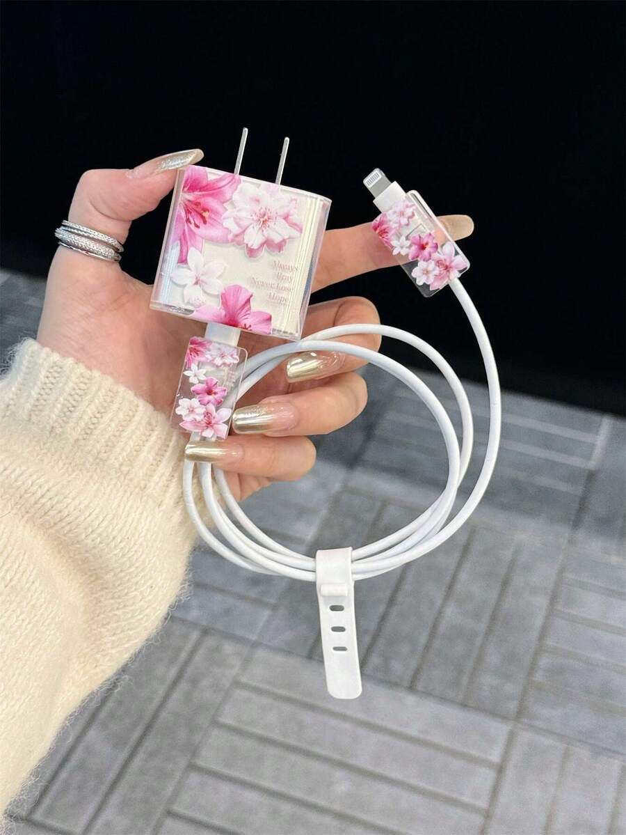 Personalized Floral Print Protective Case Compatible With Apple Data Cable, Charger Head, 13/14/15 Pro Max, Anti-Cat Bite - Multicolor - View 1