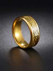 1pc 8mm Stylish Diagonal Dragon Pattern Stainless Steel Ring, Versatile - Multicolor - View 9