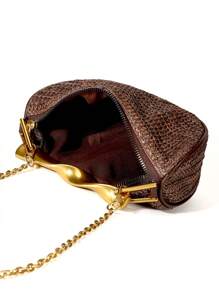 Geantă de paie cu mâner metalic la modă, stil casual de vacanță, geantă de mână simplă pentru femei, potrivită pentru plajă, articole esențiale de călătorie, utilizare în vacanță, accesorii de plajă perfecte pentru femei