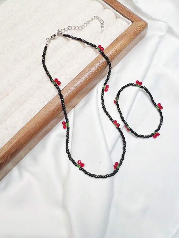 1pc Necklace & 1pc Bracelet Cherry Beaded Necklace & Fruit Beaded Bracelet Set, Refreshing & Versatile Summer Jewelry Set